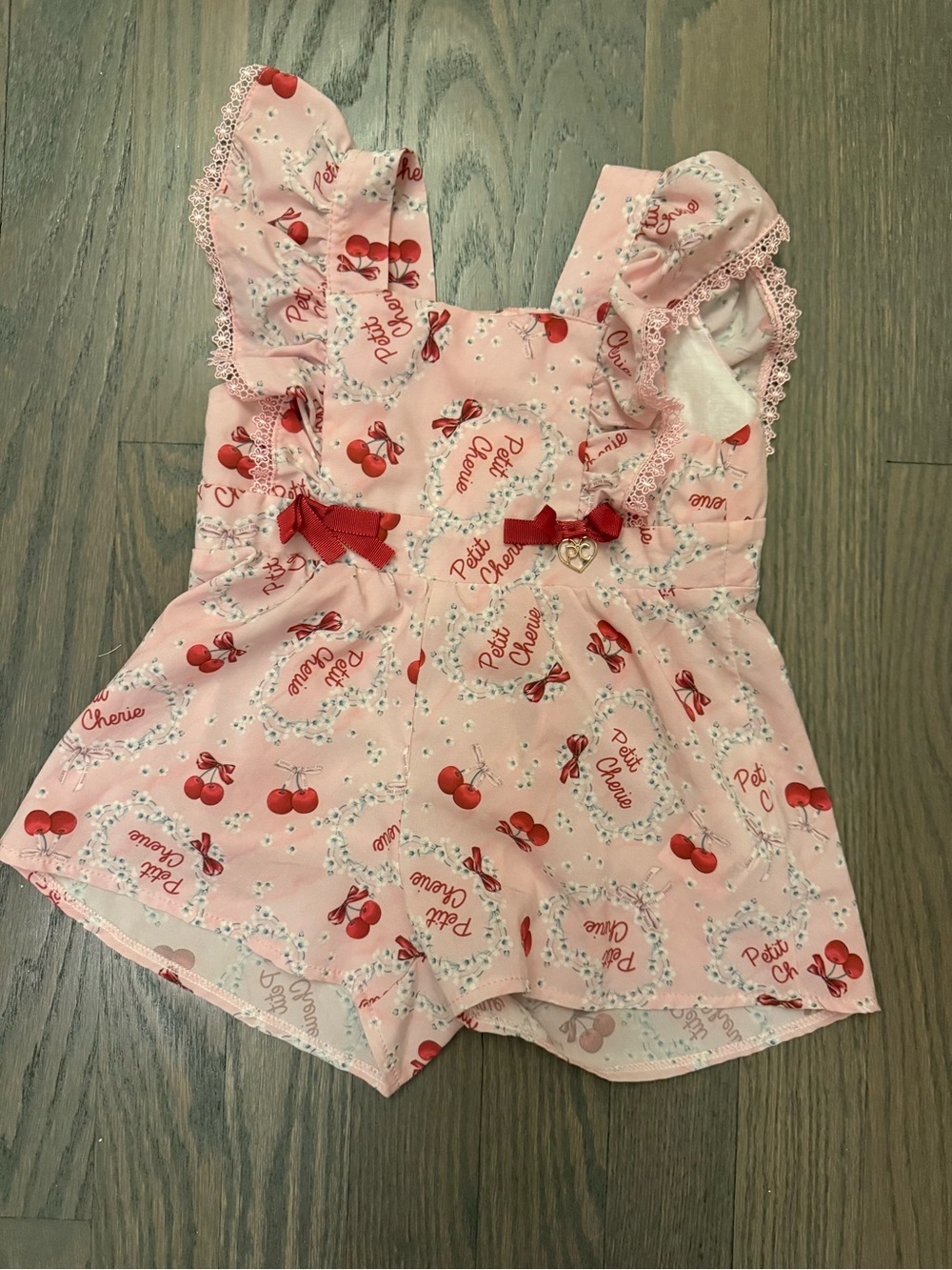 Petit Cherie Baby Girl Cherry Print Bubble Romper Pink Lace Trim 6-9M